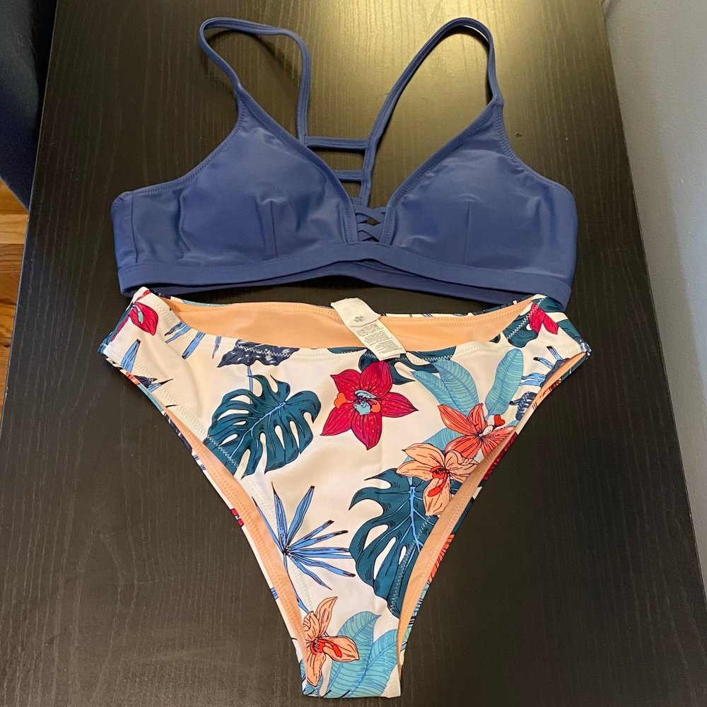Cupshe Blue Strappy Bikini Top with Floral High-Cut Bottoms New w Tags